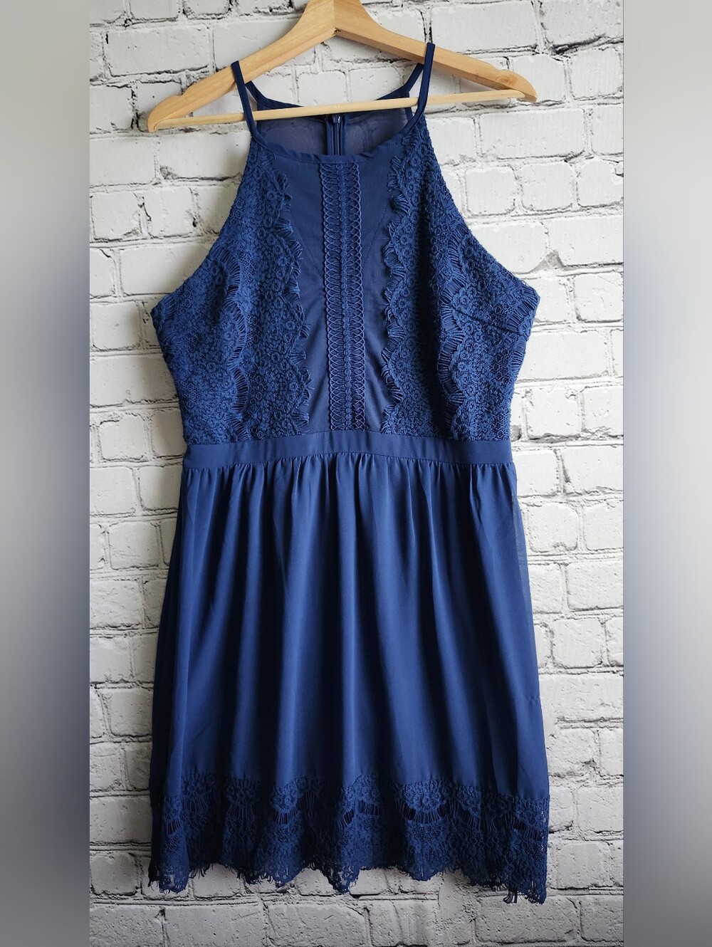 Francesca's Collections Navy Lace Halter Mini Dress with Scalloped Hem